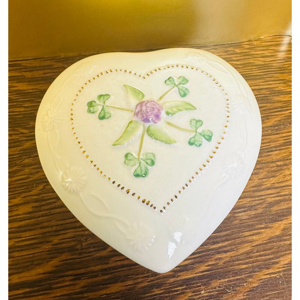 Belleek Ireland Heart Covered Trinket Box Shamrocks & Purple Rose Gold Accent